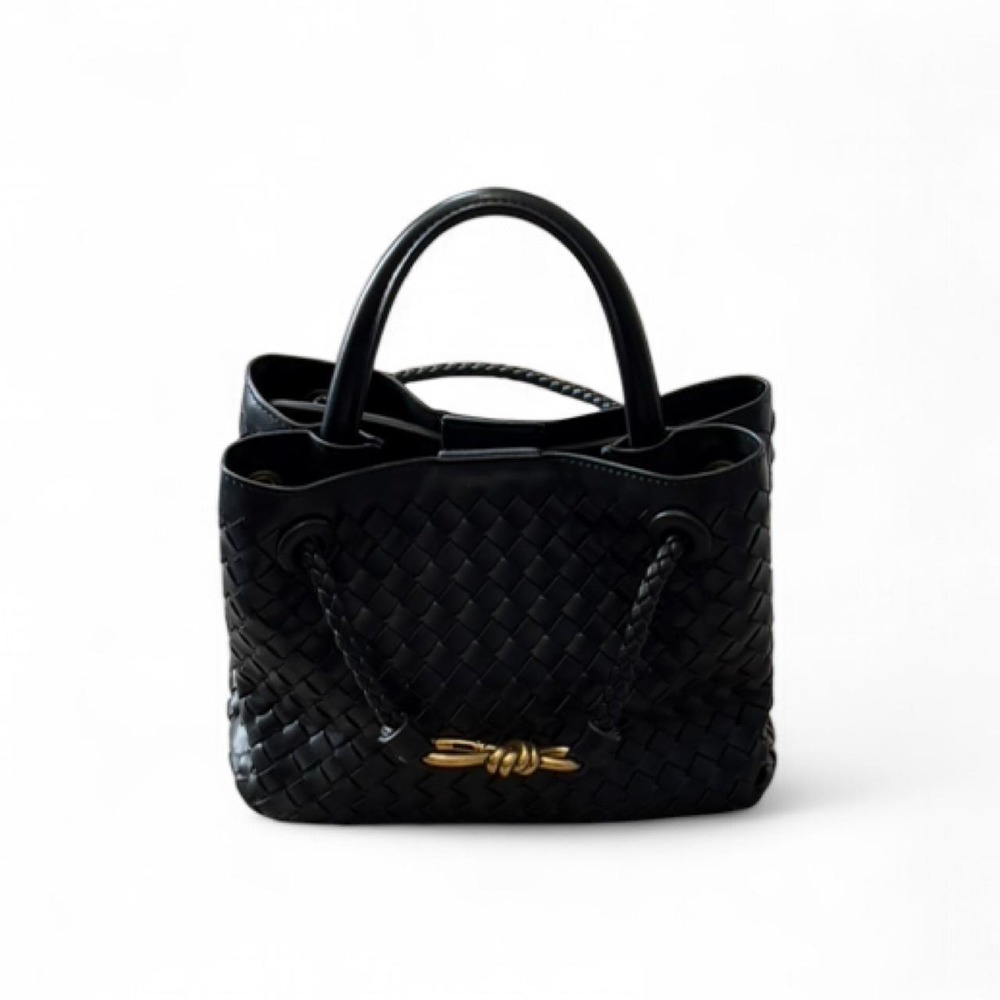 Black Woven Faux Leather Tip Handle Bag